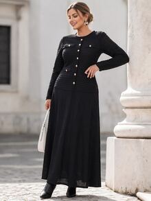 Chikora Plus Size Women Solid Color Button Design Round Neck Long Sleeve Elegant Dress - Black - View 5