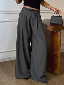 DAZY Grey High Waist Tie Pleated Loose Wide Leg Casual Versatile Commute Long Pants For Women Daily Wear - Grey - View 6