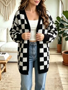 SHEIN Casual Loose Fit V-Neck Long Sleeve Knit Contrast Color Checkerboard Design Black & White Women's Spring Autumn Cardigan - Black and White - View 4