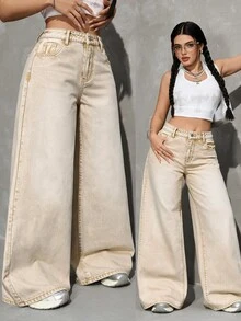 SHEIN Tall 女款高腰寬鬆純色長版牛仔褲 日常約會米色秋季Y2K街頭風牛仔褲 - 卡其色 - 查看 2