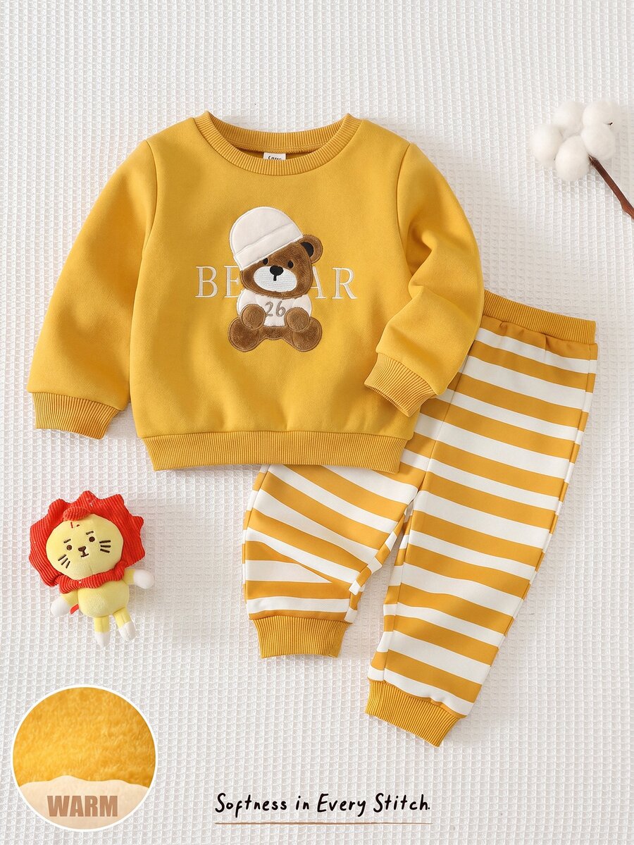 Kids Young Boy Crew Neck Long Sleeve Cute Bear Graphic Sweatshirt And Striped Pants 2 Pieces Set - Yellow - View 1