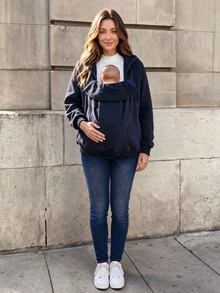 SHEIN Sweatshirt Hoodie Hamil Biru Tua Musim Gugur/Dingin 3-in-1 Multifungsi dengan Ritsleting untuk Menyusui Bahan Katun Nyaman - Biru - View 7
