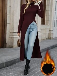 Editum 女款秋冬時尚百搭純色高領長短不一下擺T恤 - 酒紅色 - 查看 4