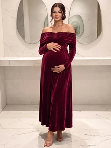 Momance Elegant Velvet Maternity Party Dress - Burgundy - View 4