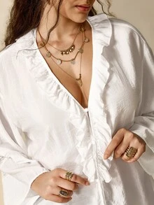 Nubod Elegant Plus Size Women's Solid Color Blouse With Frill Trim, Pearl Buttons And Lace Edging - White - View 5