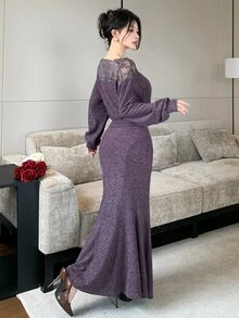 DAZY Women's Lace Patchwork Waist-Cinching Short Top & Skirt Elegant Two Pieces Set - Dark Grey - View 4