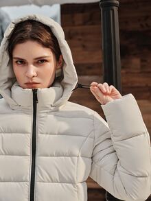 Anewsta Winter Solid Color Detachable Hood Contrast Zipper Padded Coat - Apricot - View 5