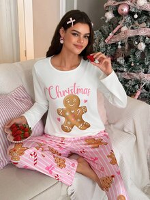 SweetSlumber Women's Christmas Gingerbread Man Candy Striped Print Knit Long Sleeve Pants Pajama Set - Multicolor - View 6
