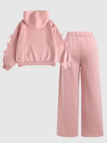 SHEIN 兒童青少年女孩秋冬款寬鬆休閒極簡舒適日常街頭風粉色抓絨內裡加厚貼袋前開襟拉鍊連帽衛衣外套，蝴蝶結裝飾袖口＋大廓形直筒運動長褲 2件套，返校穿搭，日常穿著 - 粉色 - 查看 4