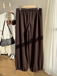 SHEIN EZwear Chocolate Brown Plus Size Spring/Summer Versatile Drawstring Sweatpants - Chocolate Brown - View 11