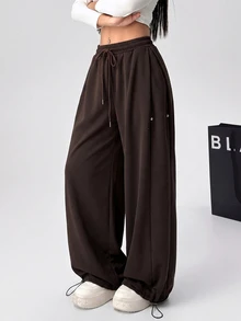 SHEIN EZwear Chocolate Brown Plus Size Spring/Summer Versatile Drawstring Sweatpants - Chocolate Brown - View 9