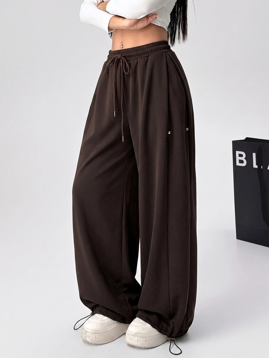 SHEIN EZwear 巧克力棕大尺碼秋季百搭抽繩休閒運動長褲 外出度假休閒街頭風 - 巧克力棕 - 查看 1