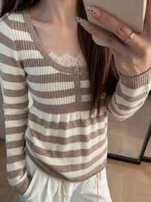 Livesso Women's Winter Apricot Round Neck Long Sleeve Cable Knit Slim Fit Ribbed Casual Sweater - Apricot - View 3