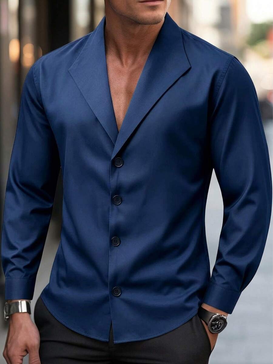 Calvornis Men's Solid Color Turn-Down Collar Single-Breasted Casual Fashion Versatile Long Sleeve Shirt - Blue - View 1