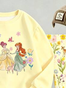 SHEIN 女童 2 件組秋季套裝 公主卡通印花圓領衛衣與花卉鹿紋緊身褲，甜美休閒秋季穿搭 - 彩色 - 查看 4