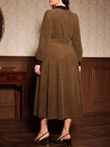 Auvina Plus Size Women's Woven Casual Fall Long Dress - Brown - View 2