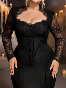 Glamrae Plus Size Black Lace Patchwork Elastic Fabric Cinched Waist Mermaid Tail Gothic Heavy Embellished Evening Gown - Black - View 5