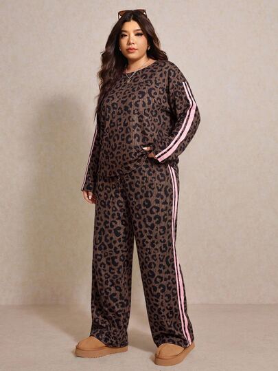Elaquor Plus Leopard Print Contrast Tape Side Tee & Pants