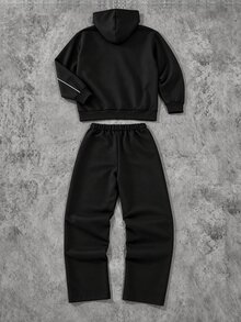 SHEIN Coolqubz 2件組男士青少年休閒街頭風白色條紋解構設計立領拉鍊夾克與寬鬆直筒運動長褲套裝，適合休閒酷帥街頭風帥氣穿搭 - 彩色 - 查看 2