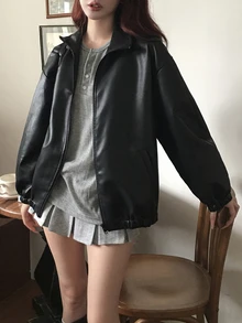 DAZY Solid Color Loose Long Sleeve Hem Cuffed Zipper PU Leather Jacket Casual Streetwear Daily Autumn Winter Women's Leather Jacket - Black - View 3