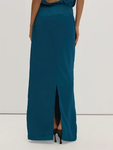 MUSEYN Teal Blue Satin Loose Fit Maxi Skirt Classy Date Night Chic Evening Fall - Royal Blue - View 4