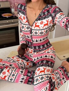 SweetSlumber Women's Christmas Fair Isle Knit Print Long Sleeve Pajama Jumpsuit - Multicolor - View 3