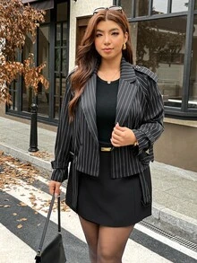 Vionelle Mantel Trench Kasual Wanita Plus Size Elegan Motif Garis Longgar Pendek untuk Musim Semi dan Gugur - Hitam - View 3