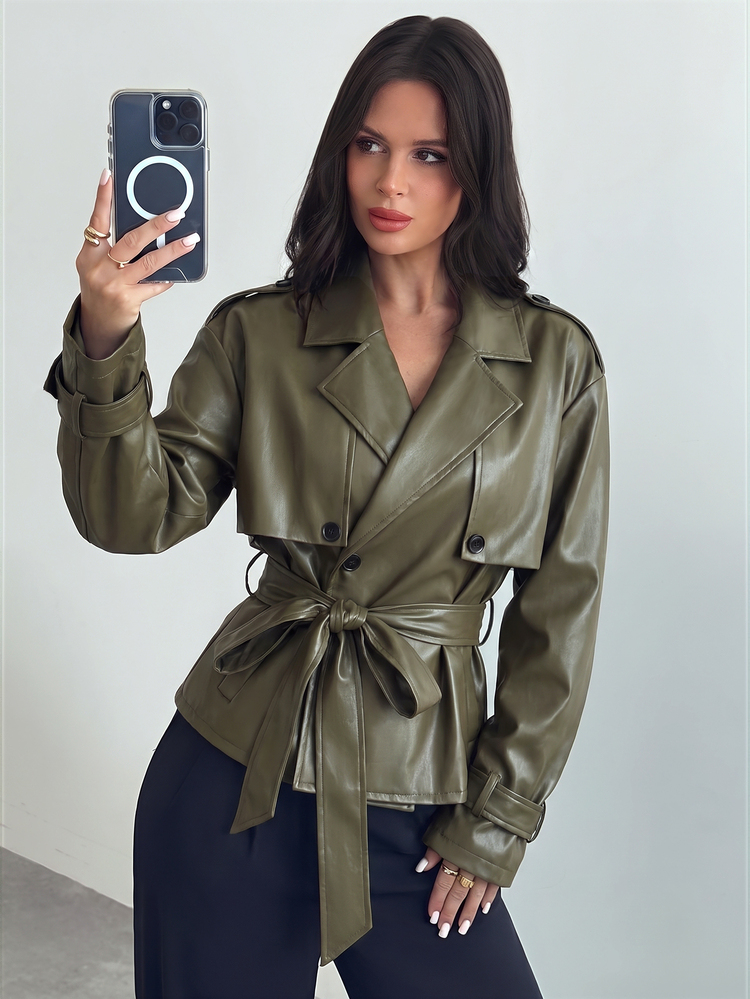 Firerie Green PU Trench Coat For Women, Popular Women's Trench Coat, Street Style Women's Trench Coat, Suitable For Graduation Season, Teacher's Day, Fall Back-To-School Season/Office Wear. - Green - View 6