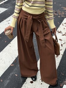 Rivivi Petite Women's Street Fashion Lace-Up Ruched Loose Denim Long Pants - Brown - View 3