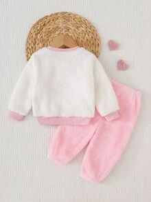 Cozy Pixies Cozy Baby Girl Knit Solid Color Cute Cartoon Embroidered Pattern Round Neck Top & Long Pants Loungewear 2pcs Set Suitable For Autumn/Winter - Pink - View 2