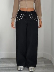 Jeanoix Y2K Women's Outdoor Street Style Low Waist All Season Grommet Decor Thin Rope Belt Black Jeans - Black - View 5