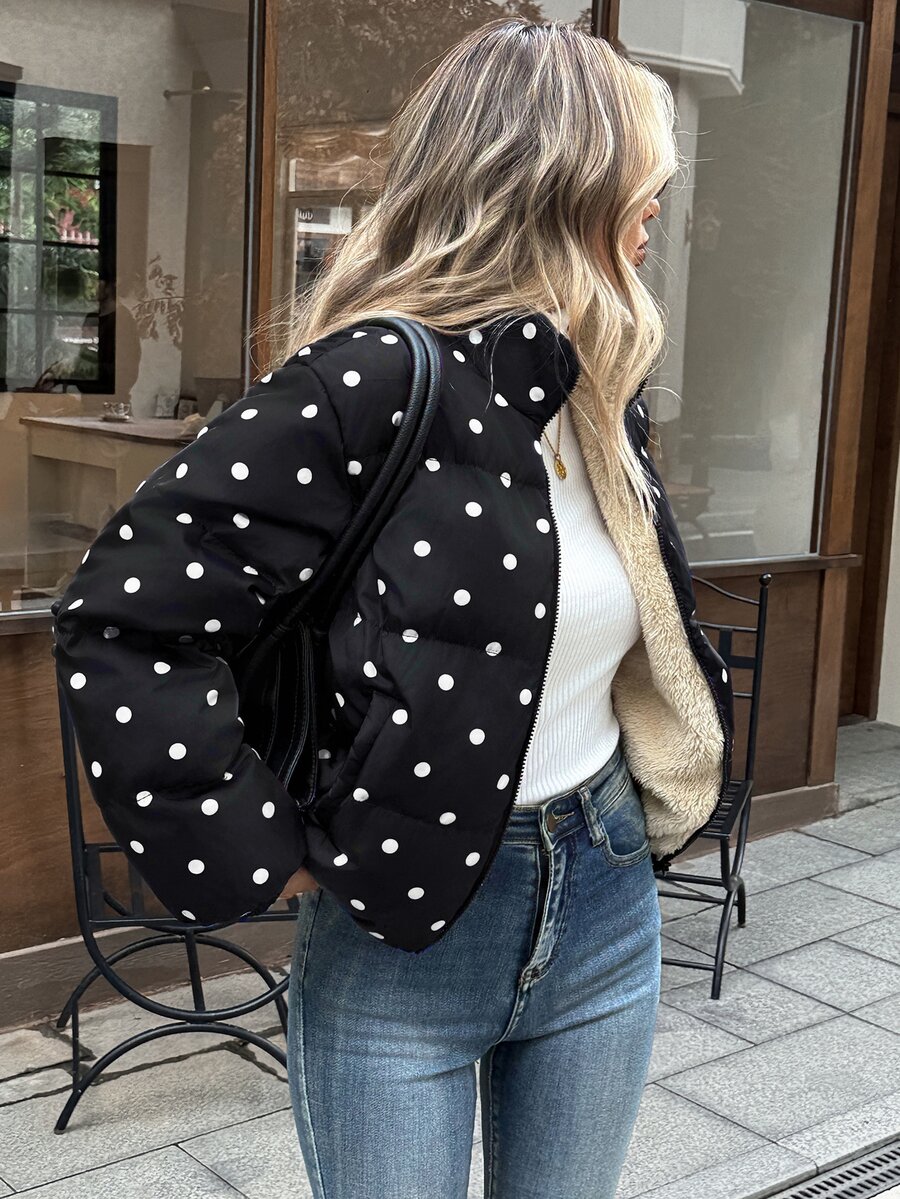 Serisse Women's Polka Dot Pattern Long Sleeve Zipper Front Casual Winter Jacket - Black - View 1