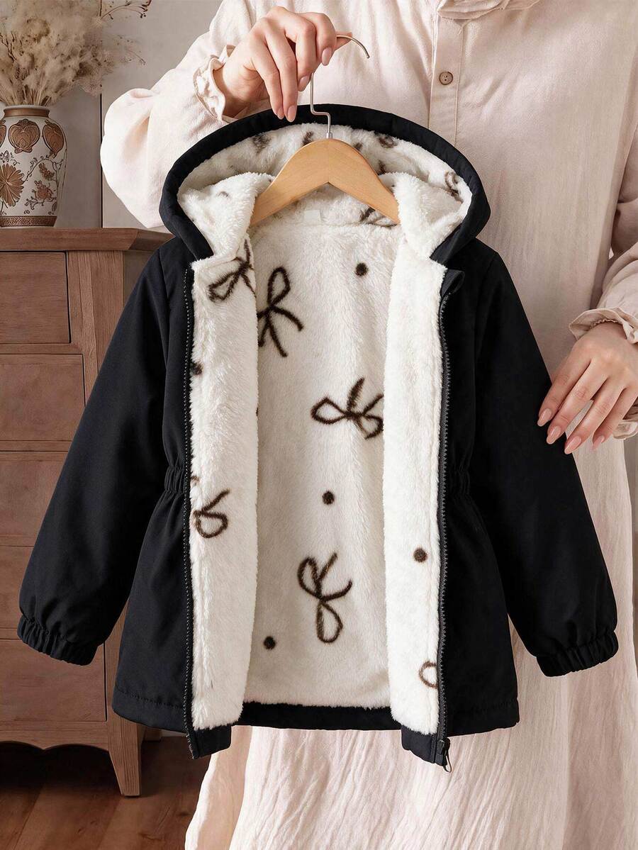 SHEIN Elladie kids 1件女童冬季新款蝴蝶結波點圖案抓絨內裡拉鍊開襟外套,腰部鬆緊帶連帽夾克,加厚保暖大衣,適合日常穿著、旅行、返校季 - 黑色 - 查看 1