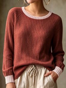 Linhara CURVE Women Plus Size Round Neck Solid Color Ribbed Contrast Patchwork Long Sleeve T-Shirt Autumn Winter Casual/Country Style/Top T-Shirt - Redwood - View 1
