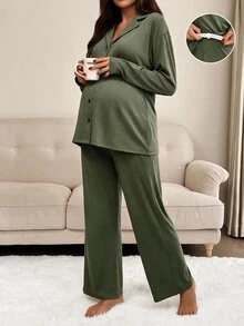 Slowluna Maternity Front Button Long Sleeve Top And Loose Pants 2 Pieces Set Fall - Army Green - View 7