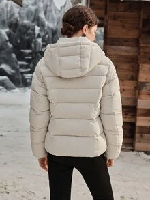 Anewsta Winter Solid Color Detachable Hood Contrast Zipper Padded Coat - Apricot - View 7