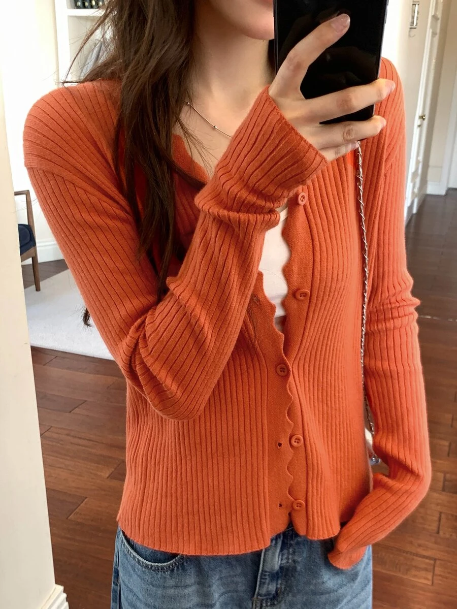 DAZY 女款休閒蕾絲飾邊羅紋針織開襟衫 - 橘色 - 查看 1