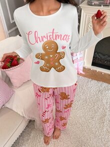 SweetSlumber Women's Christmas Gingerbread Man Candy Striped Print Knit Long Sleeve Pants Pajama Set - Multicolor - View 5