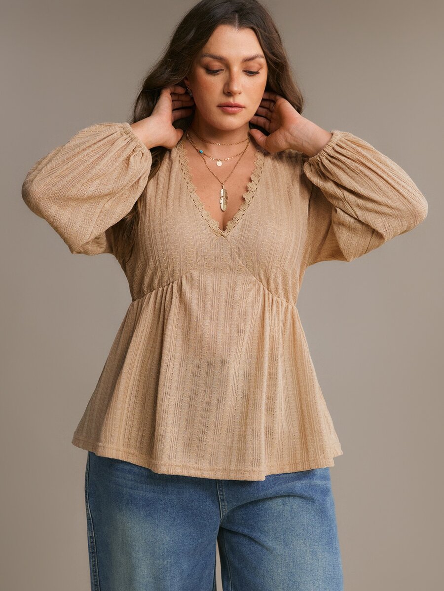 Freevana Plus Size Women's Bohemian Romantic Long Sleeve T-Shirt - Apricot - View 1