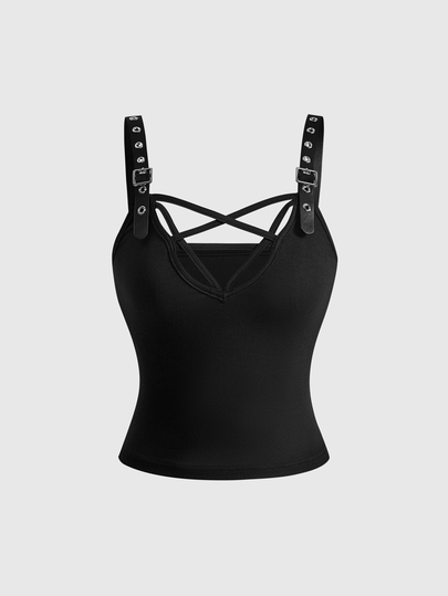 Gothic Punk Halloween Outfit Fünf-Ecke-Stern Design Ösen PU Gurtband figurbetontes Damen Trägertop