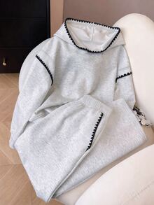 SHEIN 2件組青少年女孩花卉灰色連帽寬鬆落肩長袖羅紋腰部時尚休閒獨特設計套裝，搭配同色系舒適寬腿長褲，休閒運動學院風套裝，適合戶外、室內、運動、派對、學校及任何場合穿著，適用春季、秋季、冬季 - 灰色 - 查看 1
