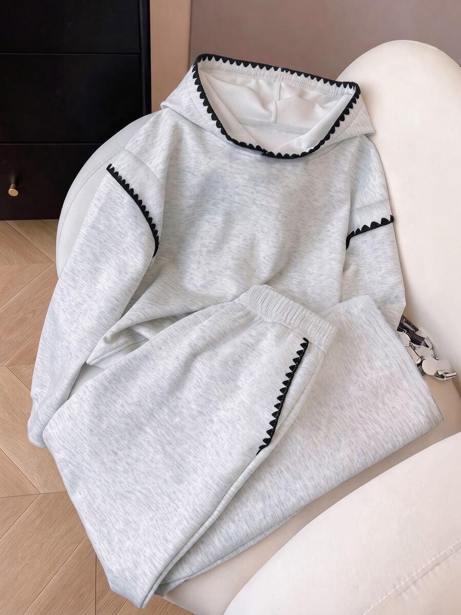 SHEIN 2件組青少年女孩花卉灰色連帽寬鬆落肩長袖羅紋腰部時尚休閒獨特設計套裝,搭配同色系舒適寬腿長褲,休閒運動學院風套裝,適合戶外、室內、運動、派對、學校及任何場合穿著,適用春季、秋季、冬季 - 灰色 - 查看 1