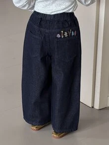 DAZY Jeans Denim Gelap Cuci Longgar Kasual Kaki Lurus dengan Desain Pola Bordir untuk Anak Perempuan Muda, Musim Gugur/Dingin - Dark Wash - View 6