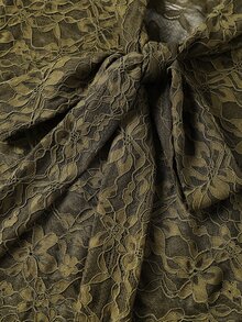 Velvienne Olive Green Floral Lace Blouse, High Neck Bowknot Ribbon Lantern Long Sleeve Commuter Top Fall - Olive Green - View 6