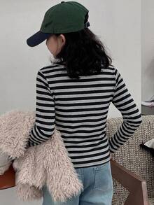 DAZY 女童休閒條紋修身短袖T恤上衣（大號） - 黑色 - 查看 6