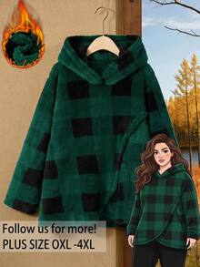 Rusticease Plus Size Women's Plaid Long Sleeve Fleece Hooded Sweatshirt Christmas - Multicolor - View 3