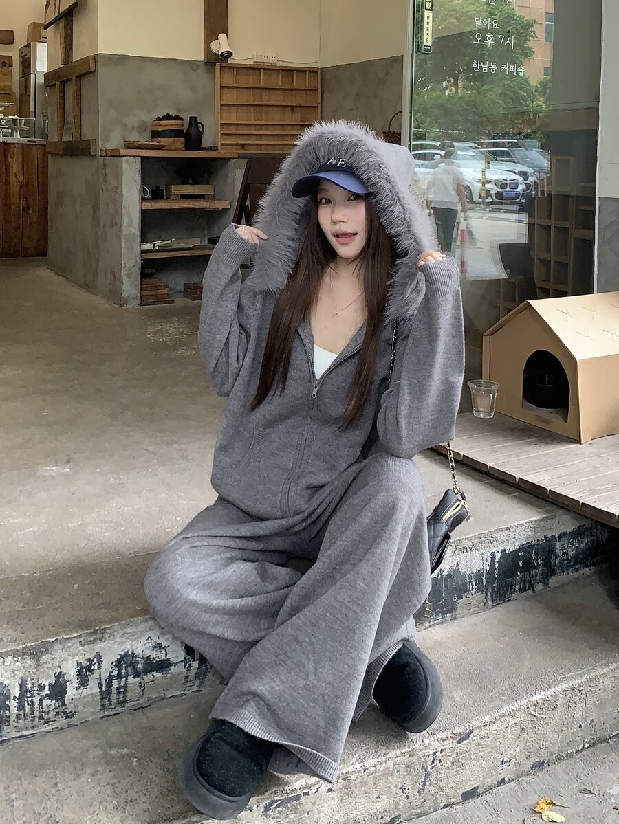 DAZY Women's Solid Color Zip-Up Hooded Sweater And Casual Loose Pants 2 Pieces Set - Grey - View 1