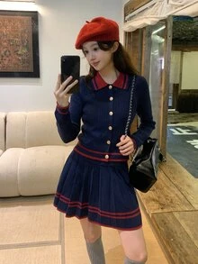 DAZY Women's Contrast Color Lapel Long Sleeve Cardigan & Casual Skirt Sweater Two Pieces Set, Autumn/Winter - Navy Blue - View 5