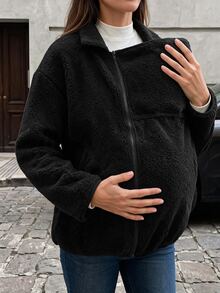 SHEIN Maternity 3-In-1 Casual Long Sleeve Stand Collar Side Zipper Removable Design Loose Black Fleece Jacket - Black - View 5