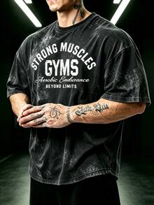 GymBeat Men's Round Neck Tie-Dye Letter Print Fashion Loose Fit Sports T-Shirt - Black - View 3